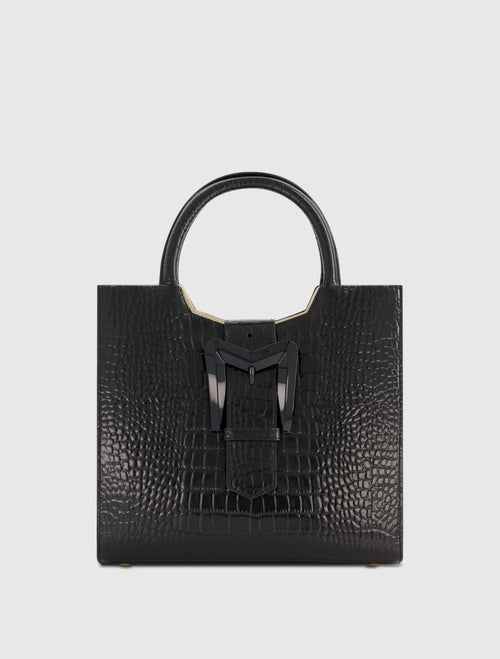 Buckled Medium Croco Black Leather Tote Bag with Detachable Strap