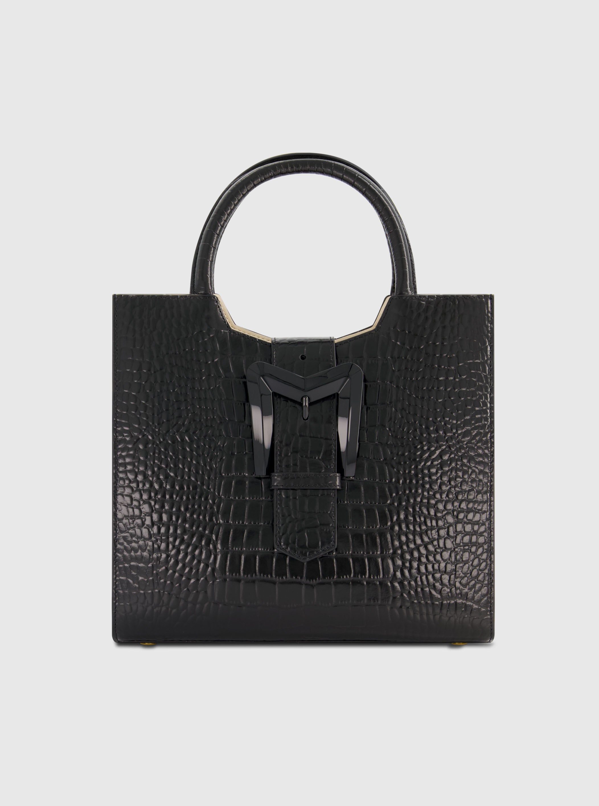 Buckled Medium Croco Black Leather Tote Bag with Detachable Strap