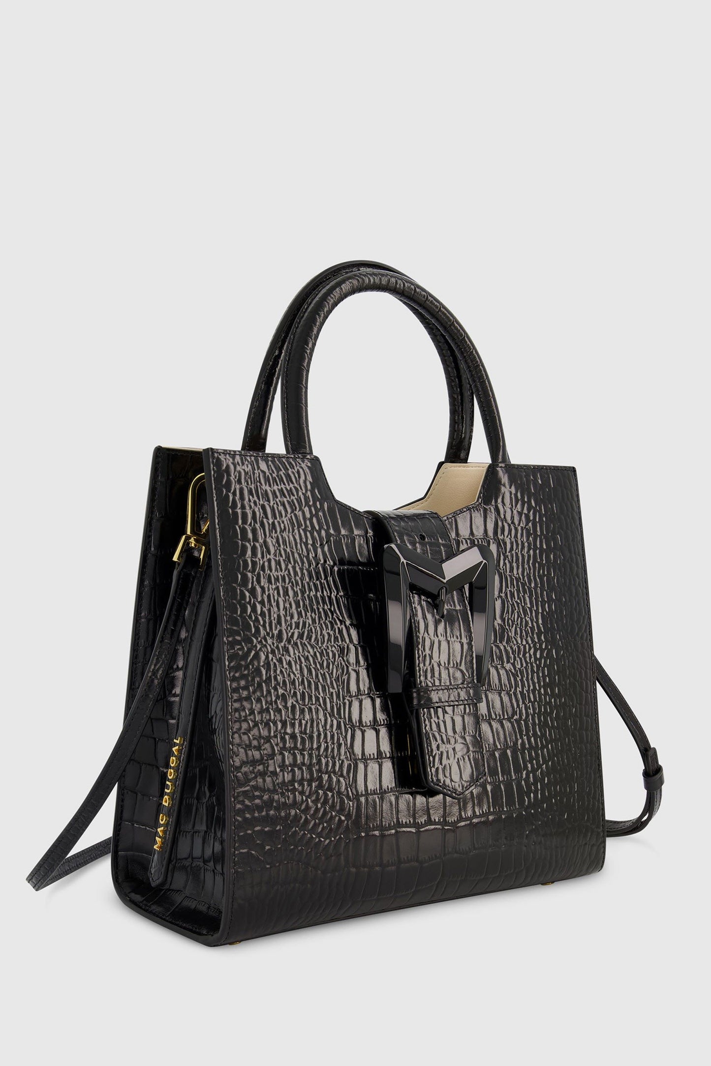 Bolsa tote média de couro preto croco com fivela e alça removível