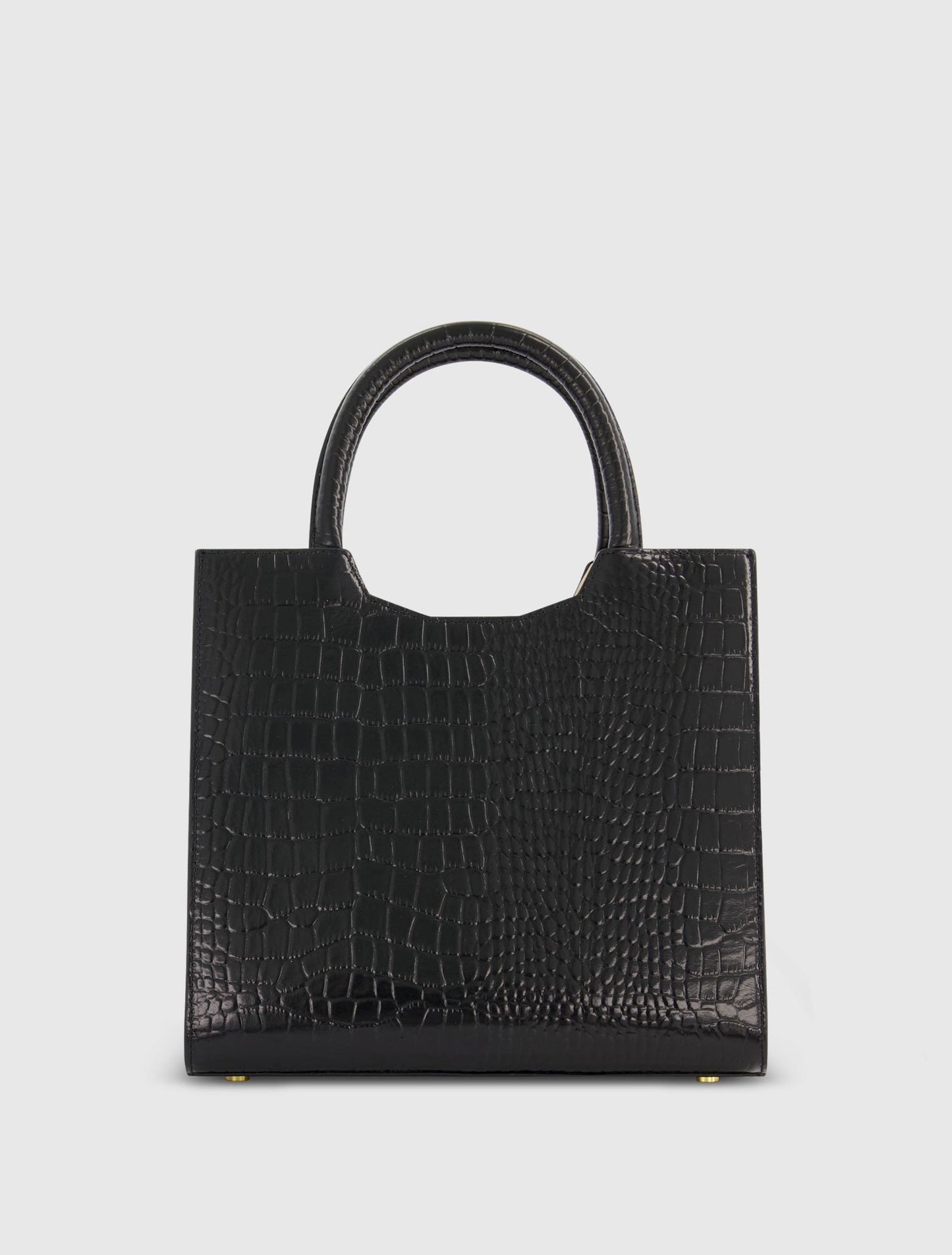 Buckled Medium Croco Black Leather Tote Bag with Detachable Strap