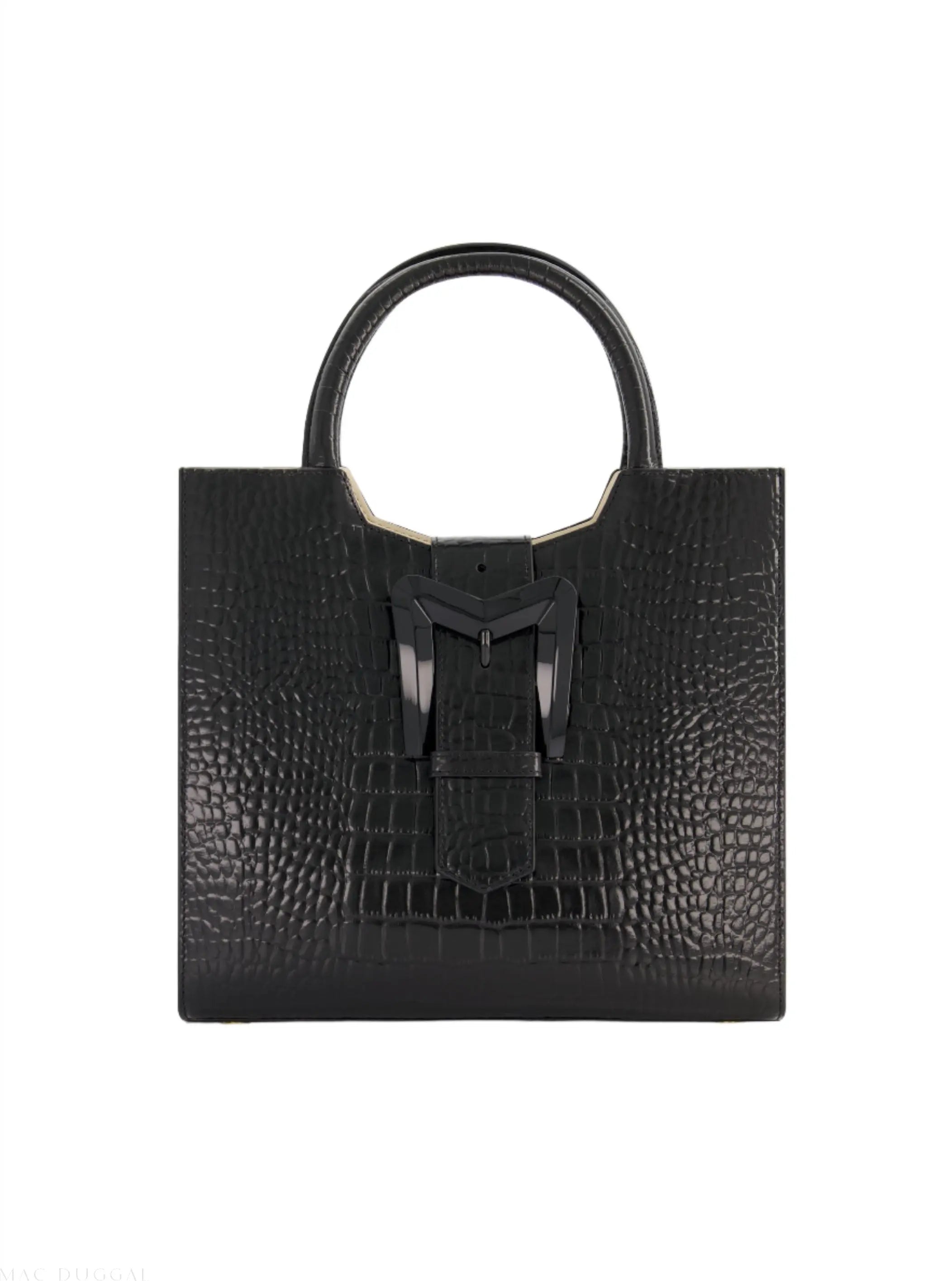 Black Medium Croc Embossed Leather Tote with Detachable Strap