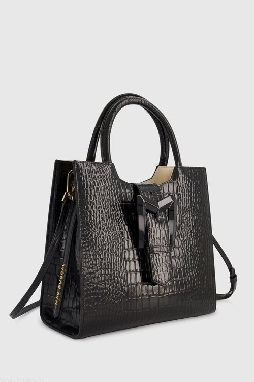 Buckled Medium Croco Black Leather Tote Bag with Detachable Strap - Mac Duggal