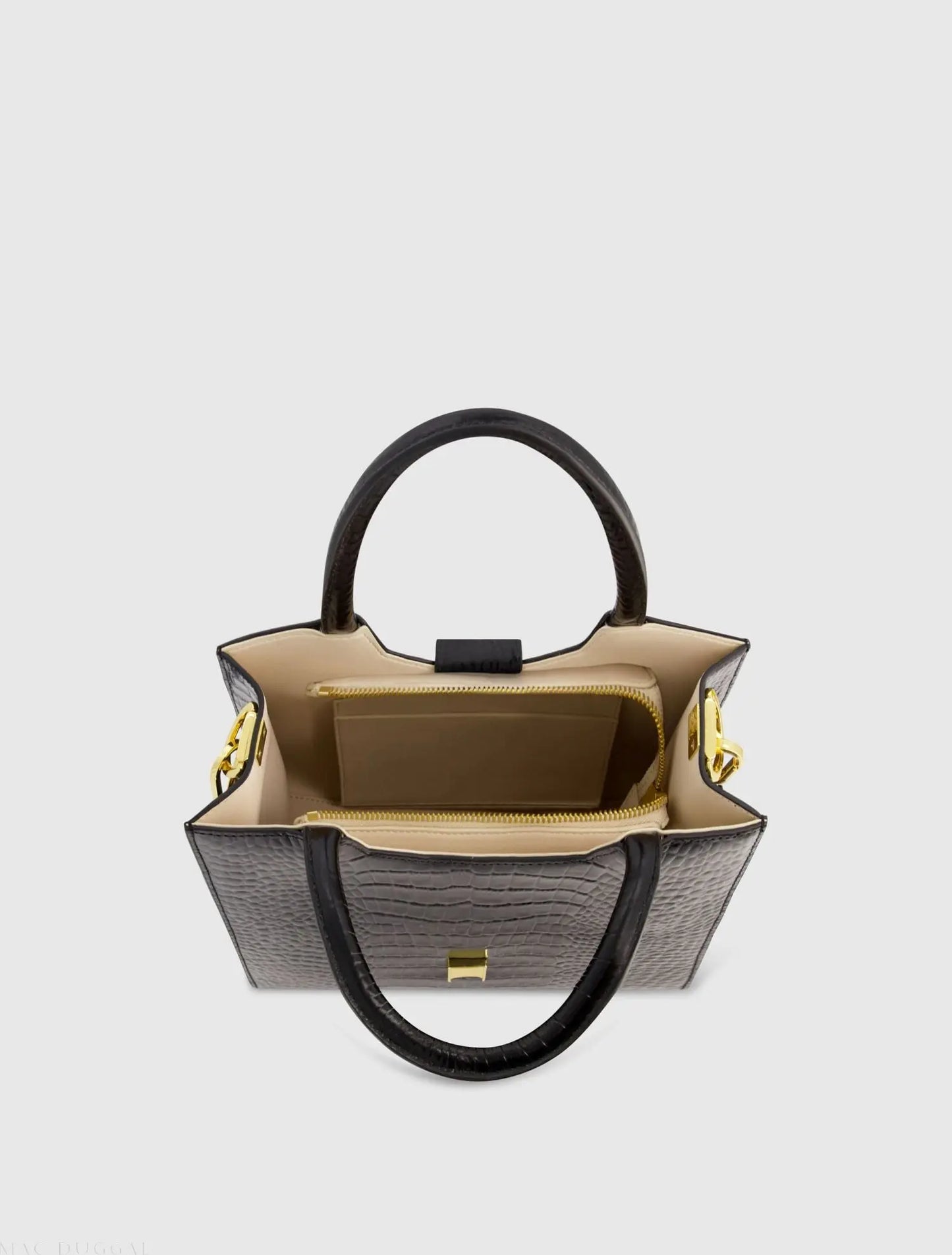 Buckled Medium Croco Black Leather Tote Bag with Detachable Strap - Mac Duggal