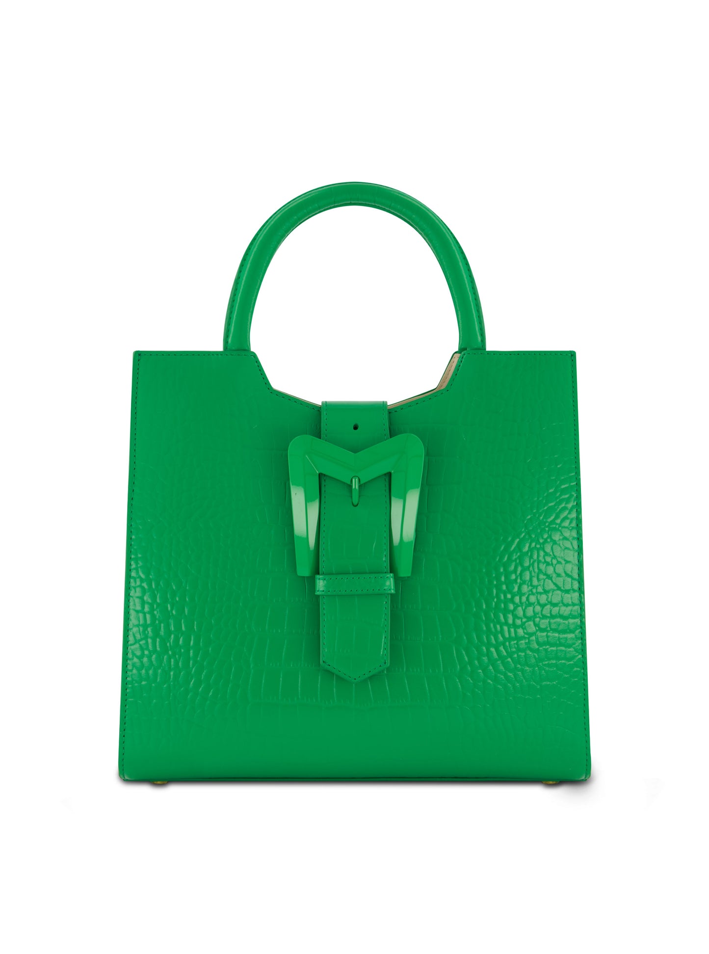 Borsa tote media in pelle verde coccodrillo con fibbia e tracolla staccabile