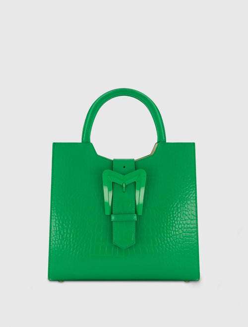 Buckled Medium Croco Green Leather Tote Bag with Detachable Strap