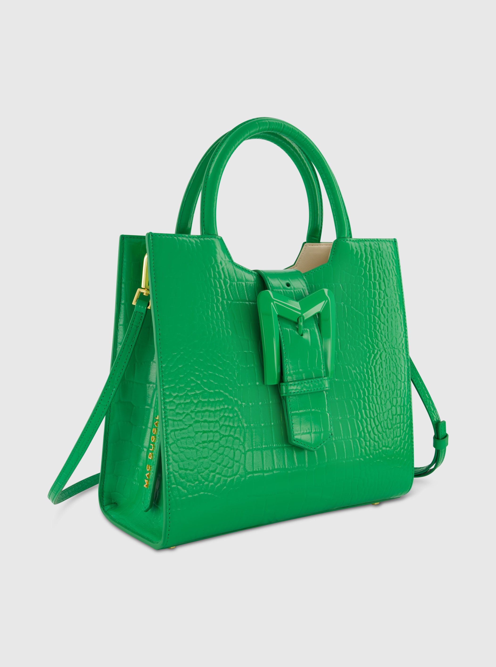 Buckled Medium Croco Green Leather Tote Bag with Detachable Strap