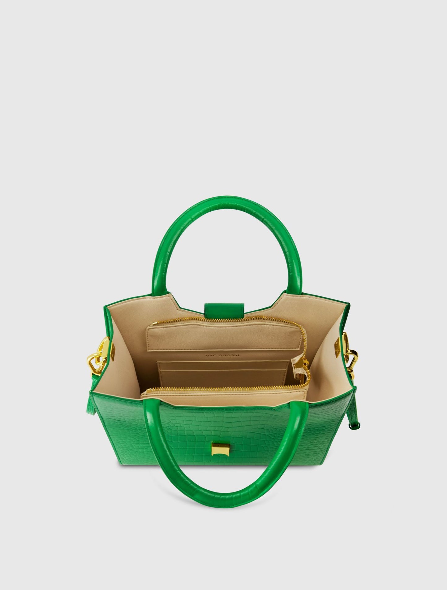 Borsa tote media in pelle verde coccodrillo con fibbia e tracolla staccabile