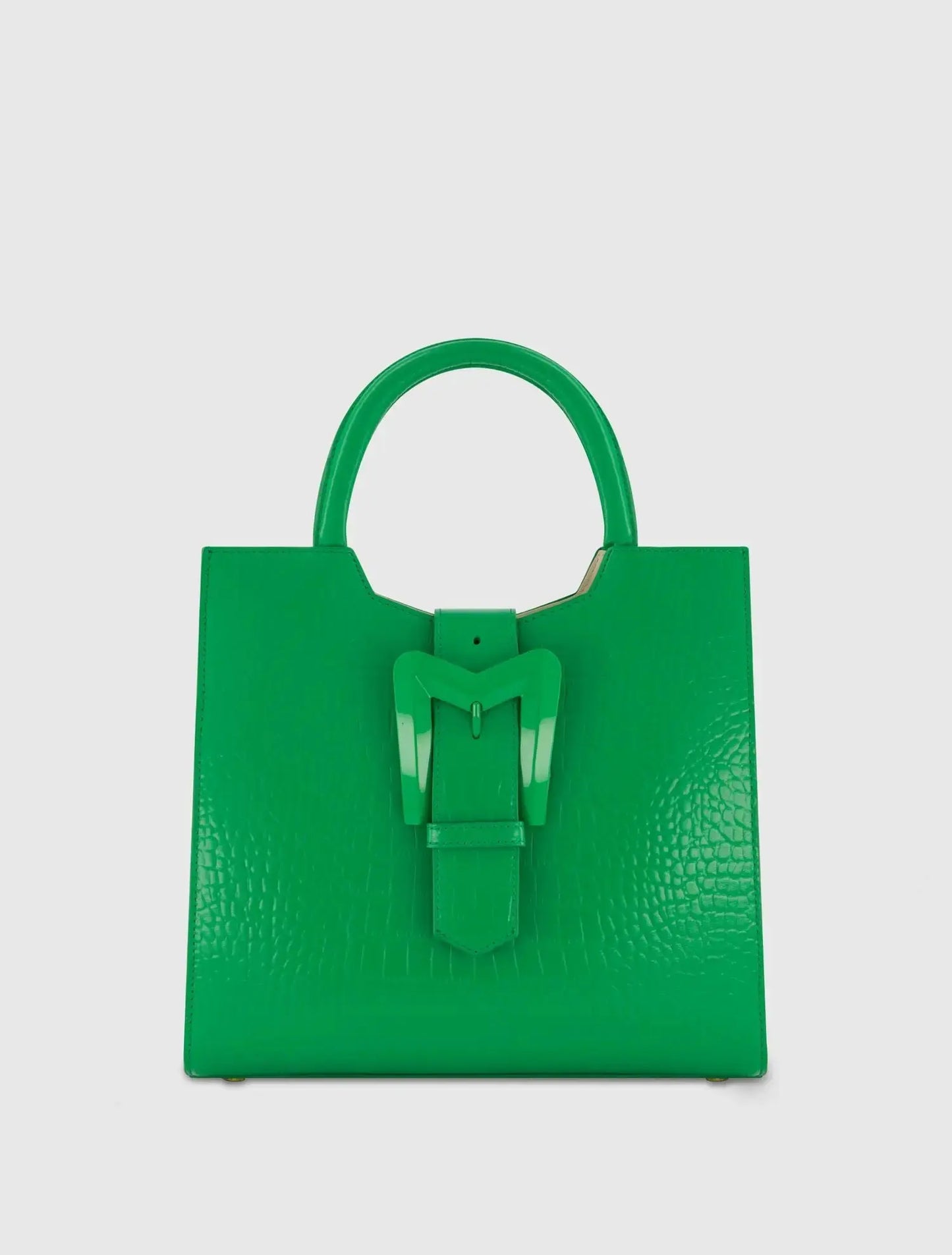 Buckled Medium Croco Green Leather Tote Bag with Detachable Strap - Mac Duggal