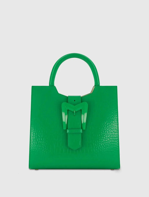 Buckled Medium Croco Green Leather Tote Bag with Detachable Strap - Mac Duggal