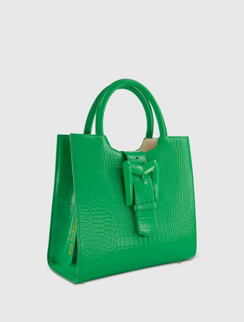 Buckled Medium Croco Green Leather Tote Bag with Detachable Strap - Mac Duggal