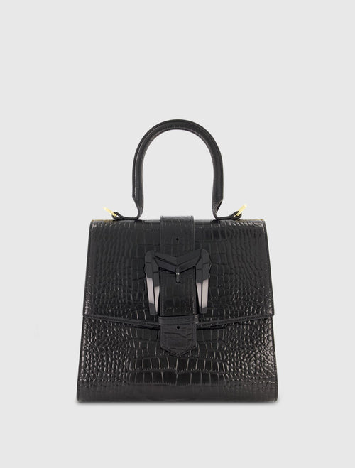 Buckled Medium Croco Black Leather Handbag with Detachable Strap