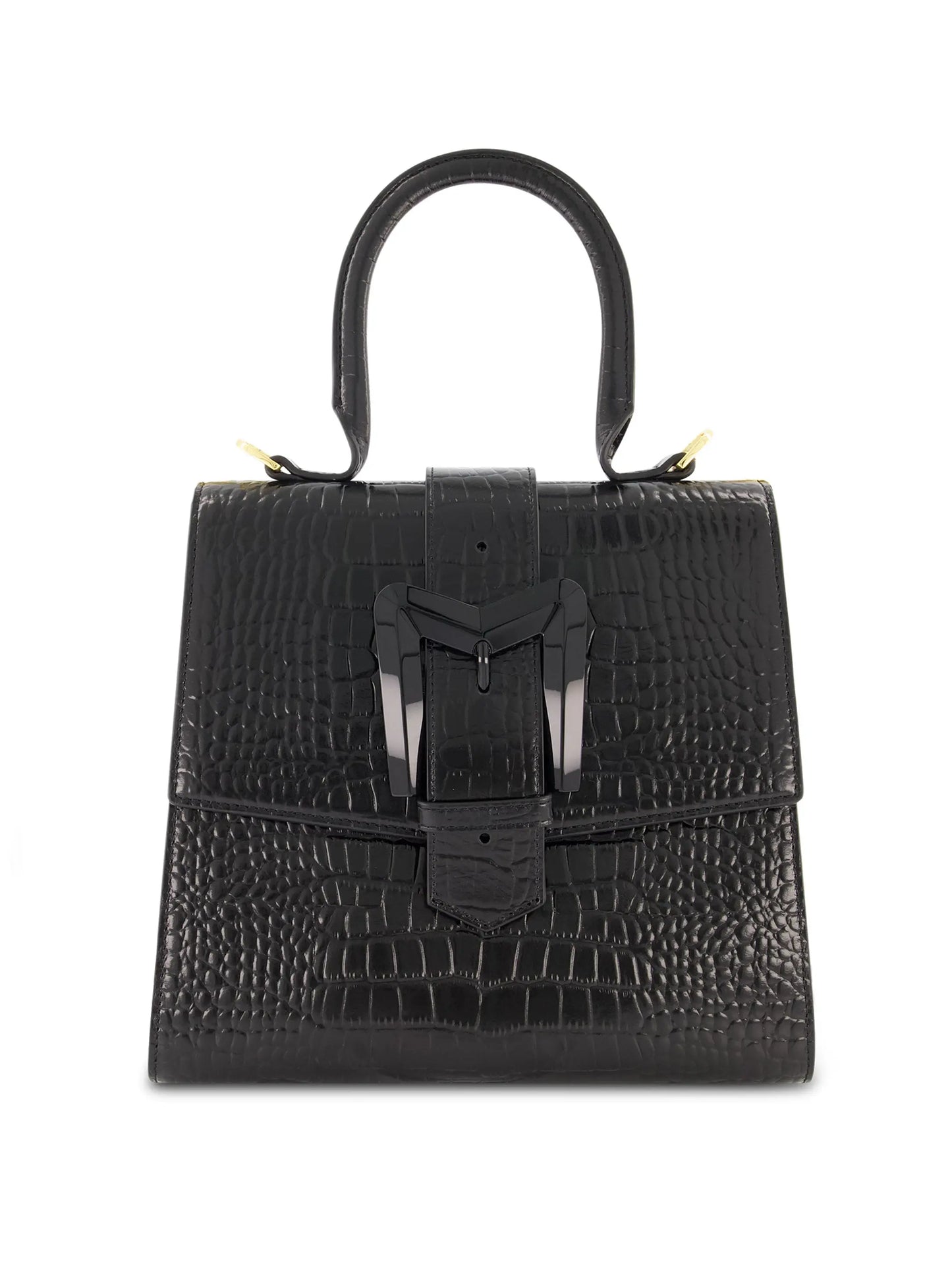 Black Buckled Medium Croco Leather Handbag with Detachable Strap - Mac Duggal