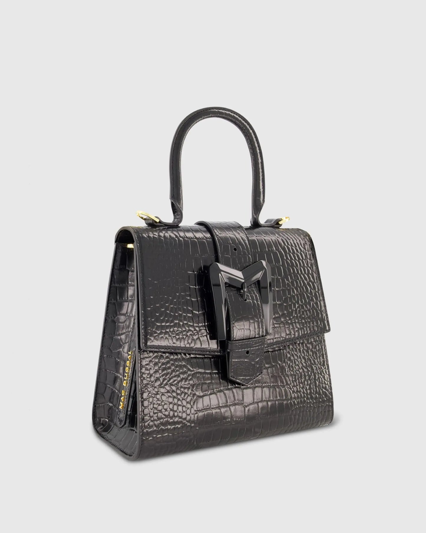 Black Buckled Medium Croco Leather Handbag with Detachable Strap - Mac Duggal