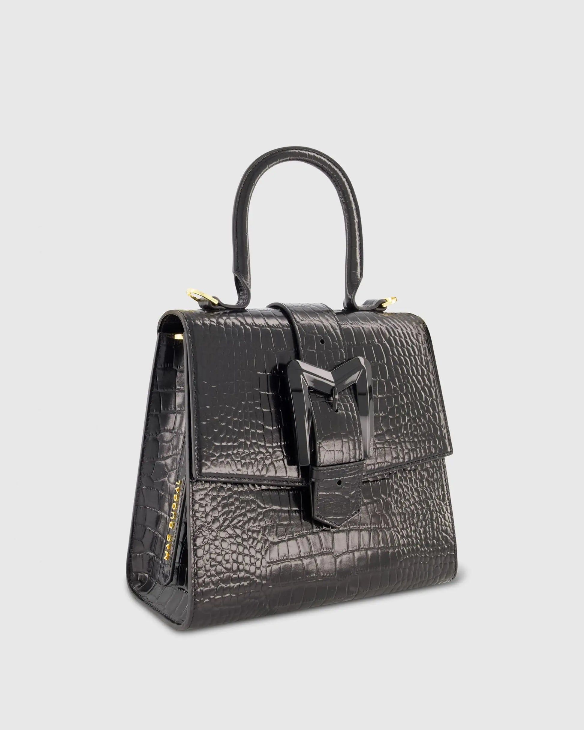 Black Buckled Medium Croco Leather Handbag with Detachable Strap - Mac Duggal