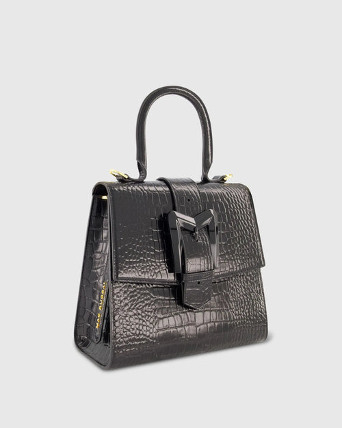 Black Buckled Medium Croco Leather Handbag with Detachable Strap - Mac Duggal