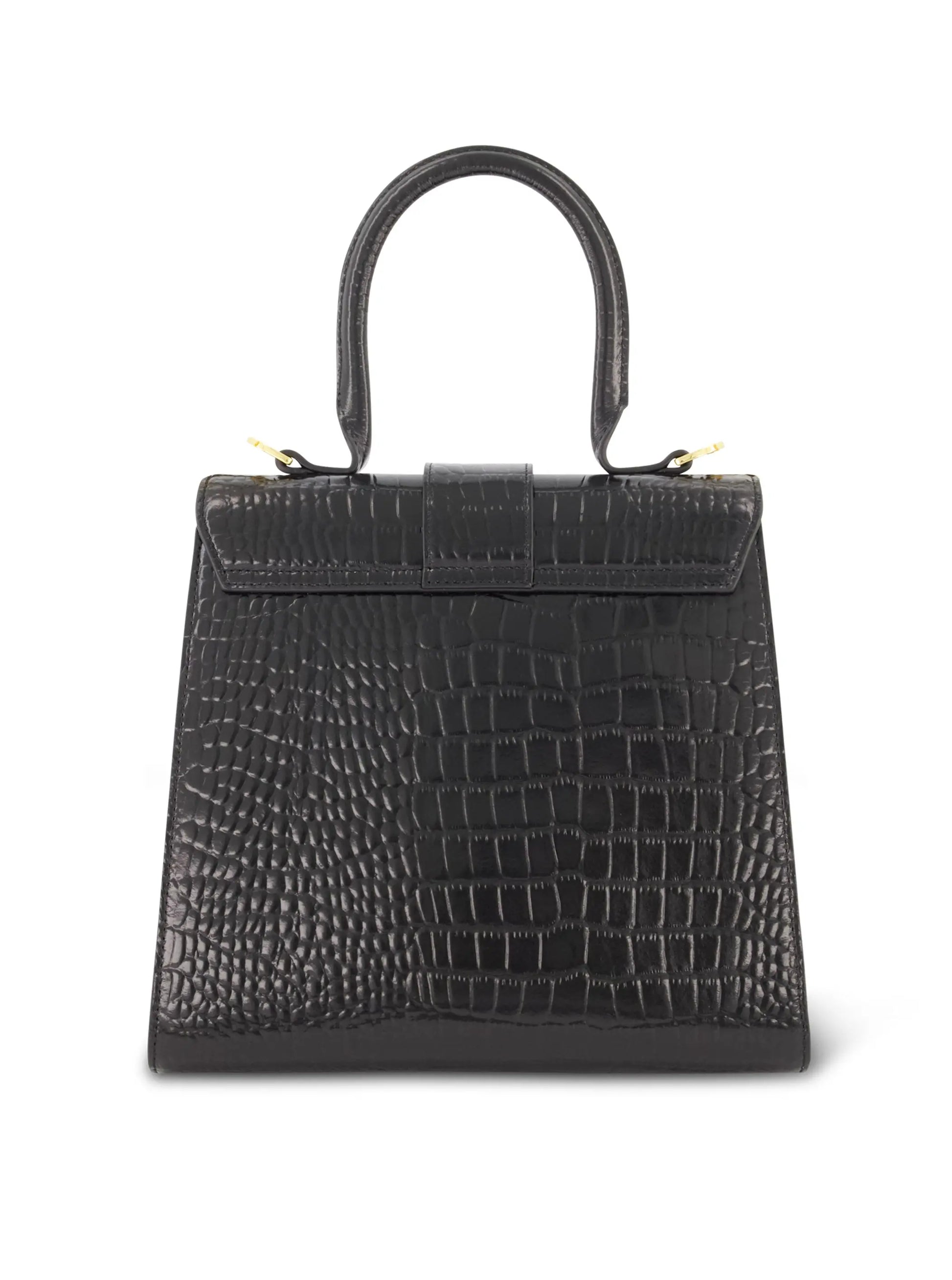 Black Buckled Medium Croco Leather Handbag with Detachable Strap - Mac Duggal
