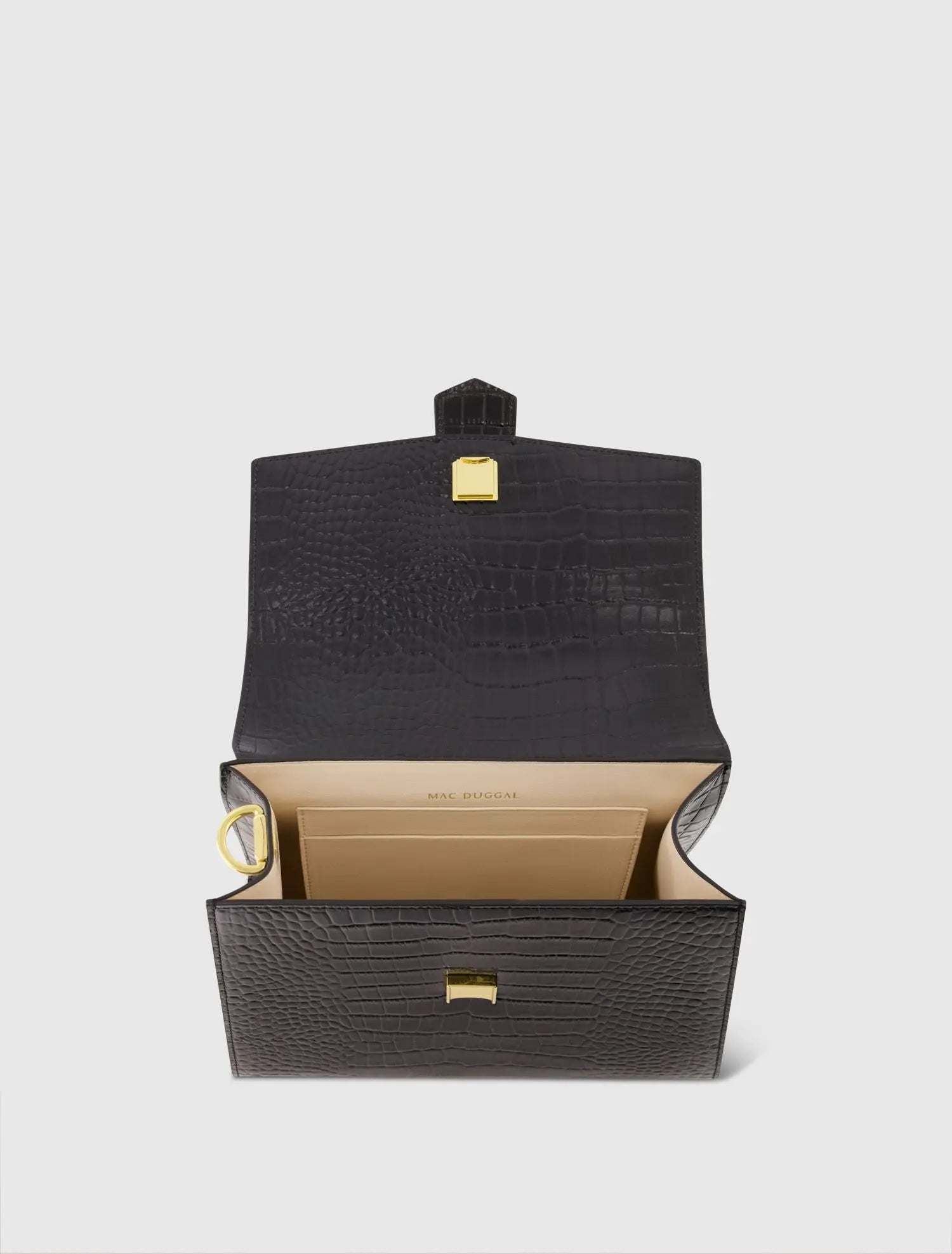 Black Buckled Medium Croco Leather Handbag with Detachable Strap - Mac Duggal