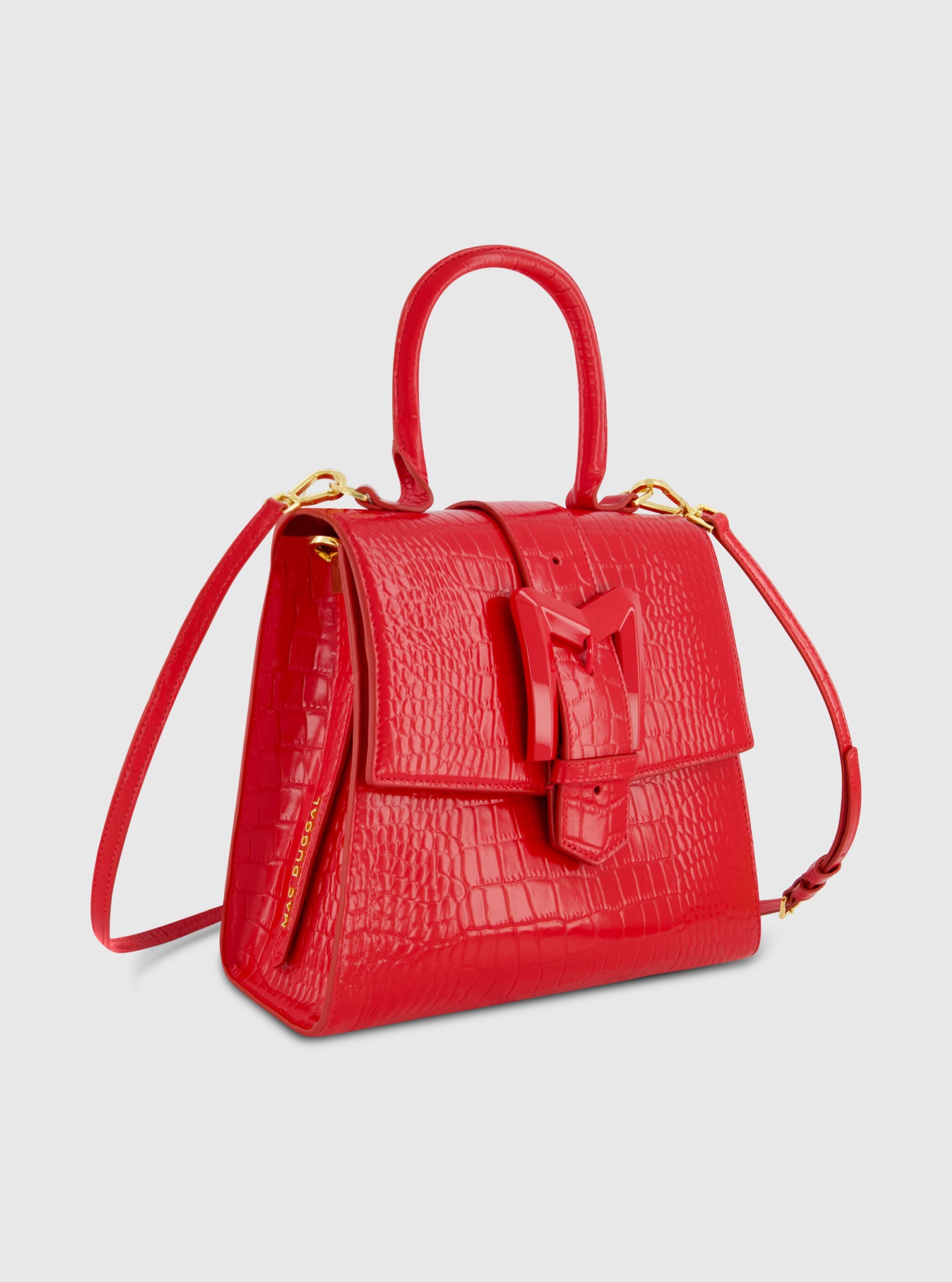 Buckled Medium Croco Cherry Leather Handbag with Detachable Strap