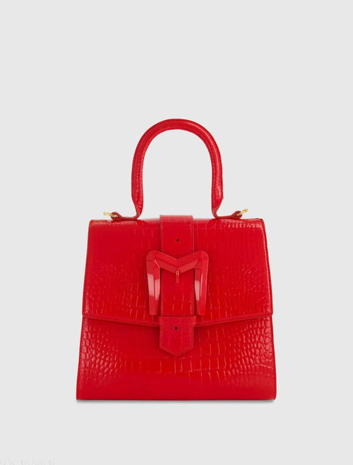 Buckled Medium Croco Cherry Leather Handbag with Detachable Strap - Mac Duggal