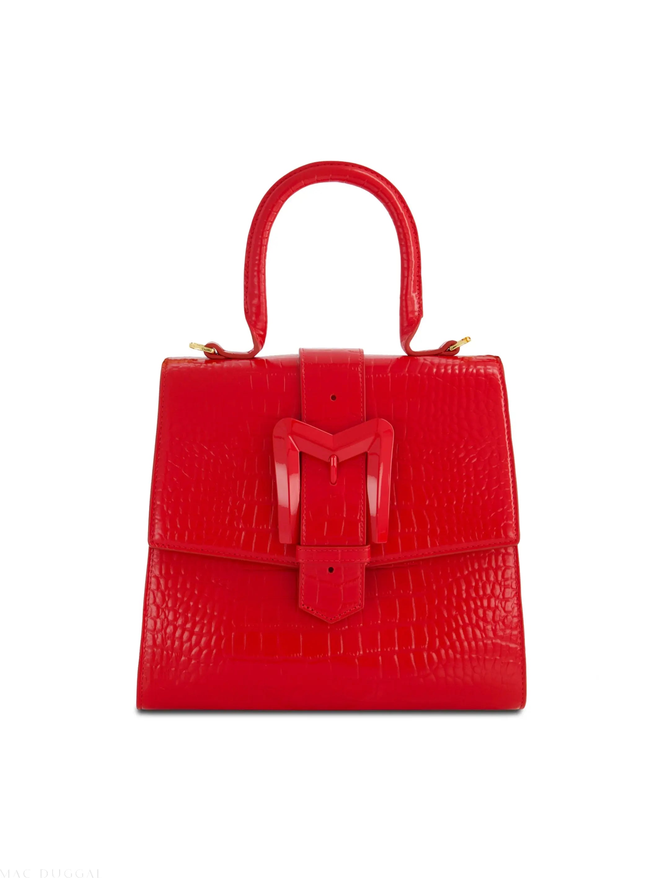 Buckled Medium Croco Cherry Leather Handbag with Detachable Strap - Mac Duggal