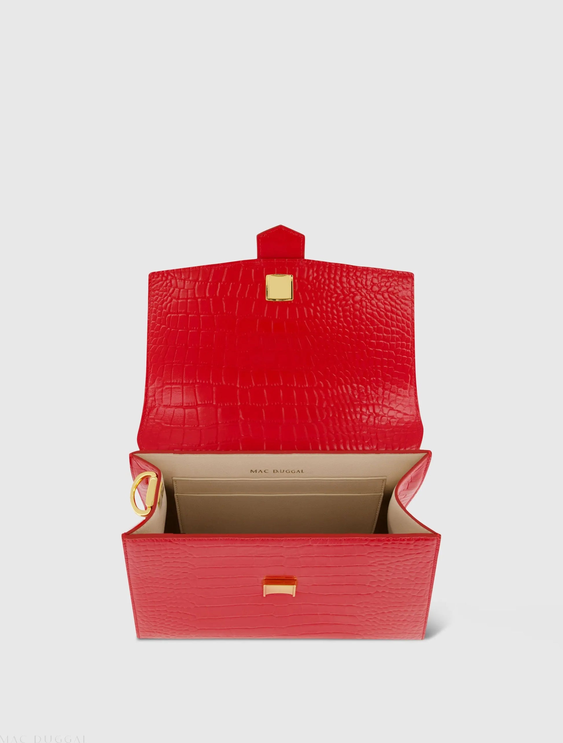 Buckled Medium Croco Cherry Leather Handbag with Detachable Strap - Mac Duggal