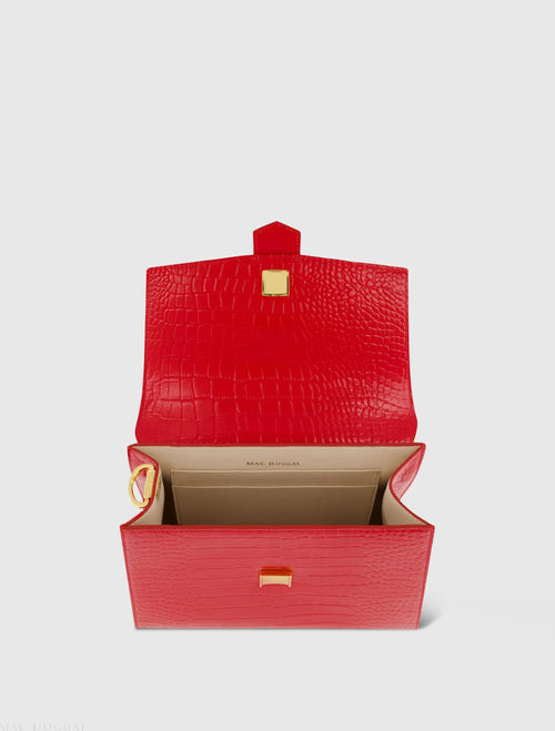Buckled Medium Croco Cherry Leather Handbag with Detachable Strap - Mac Duggal