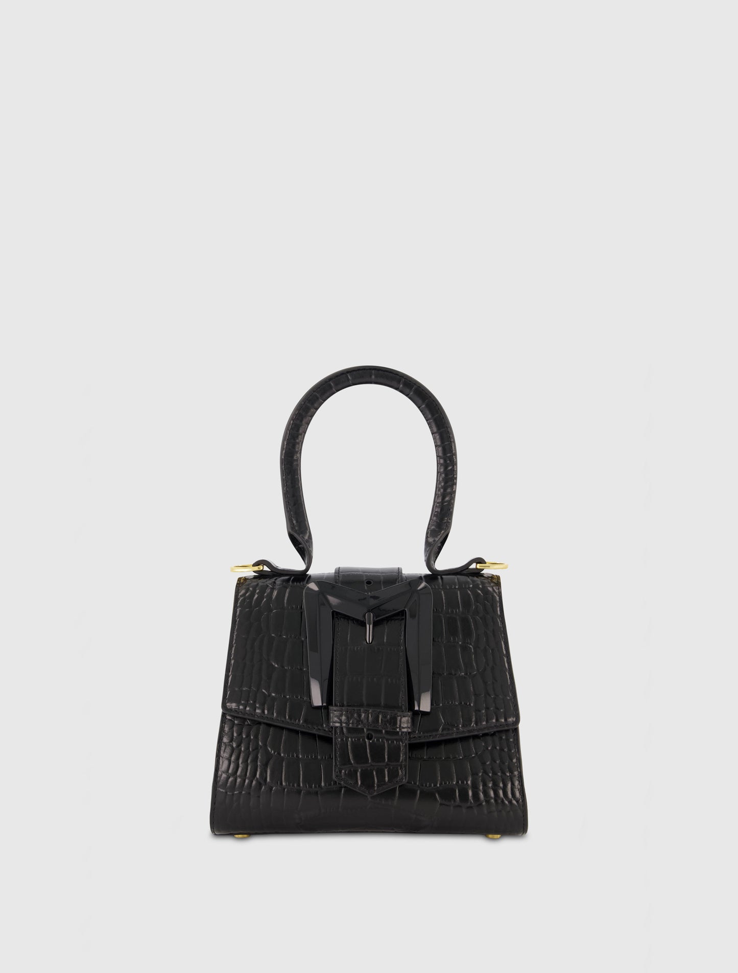 Buckled Mini Croco Black Leather Handbag with Detachable Strap