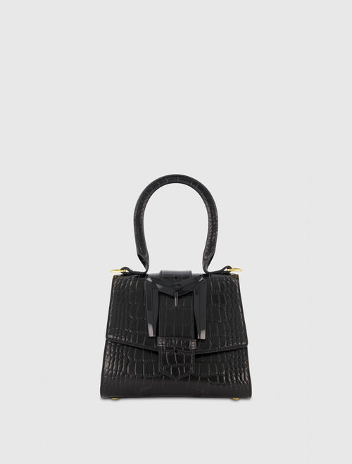 Borsa a mano in pelle nera con fibbia Mini Croco e tracolla staccabile