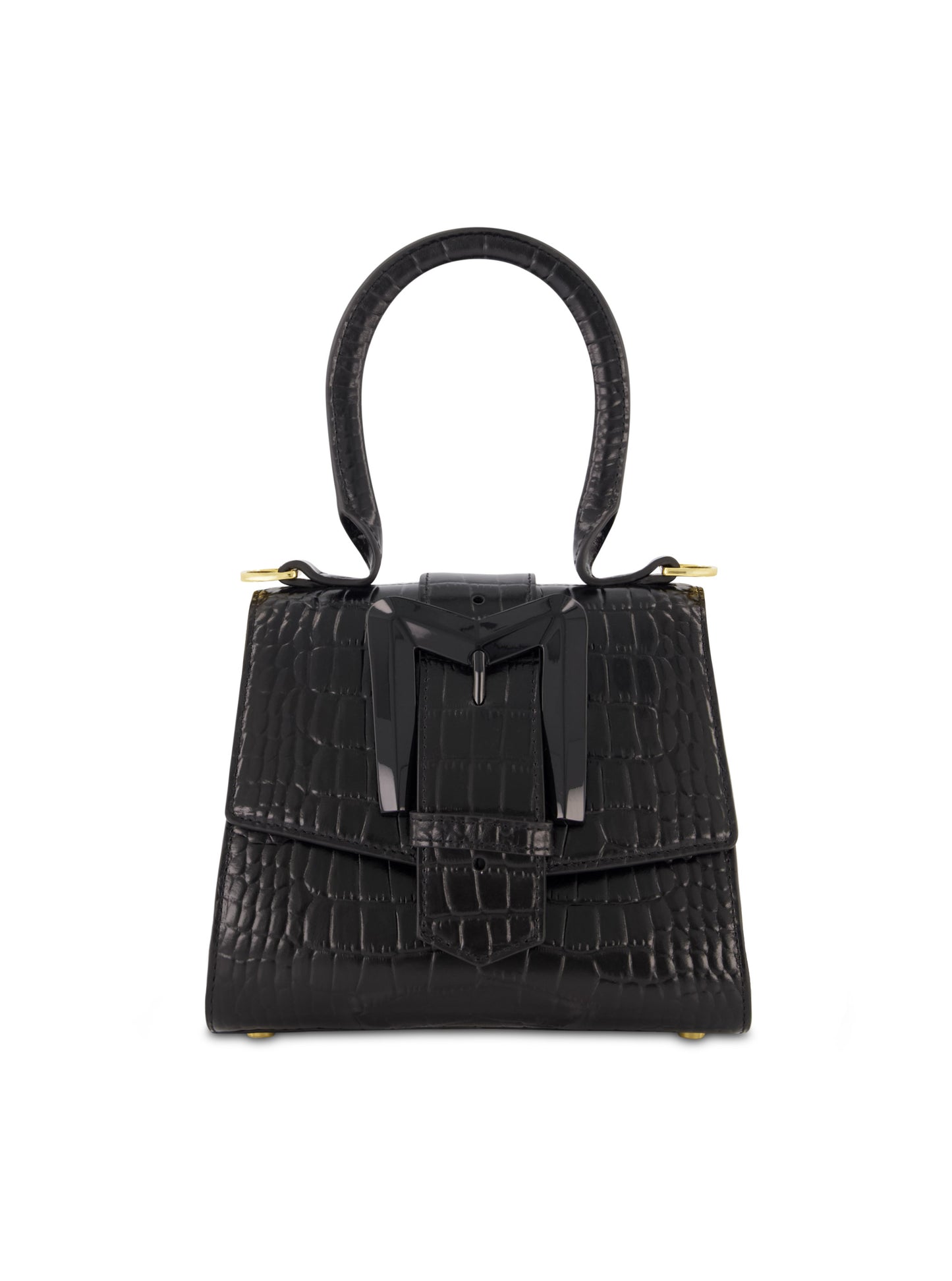 Buckled Mini Croco Black Leather Handbag with Detachable Strap