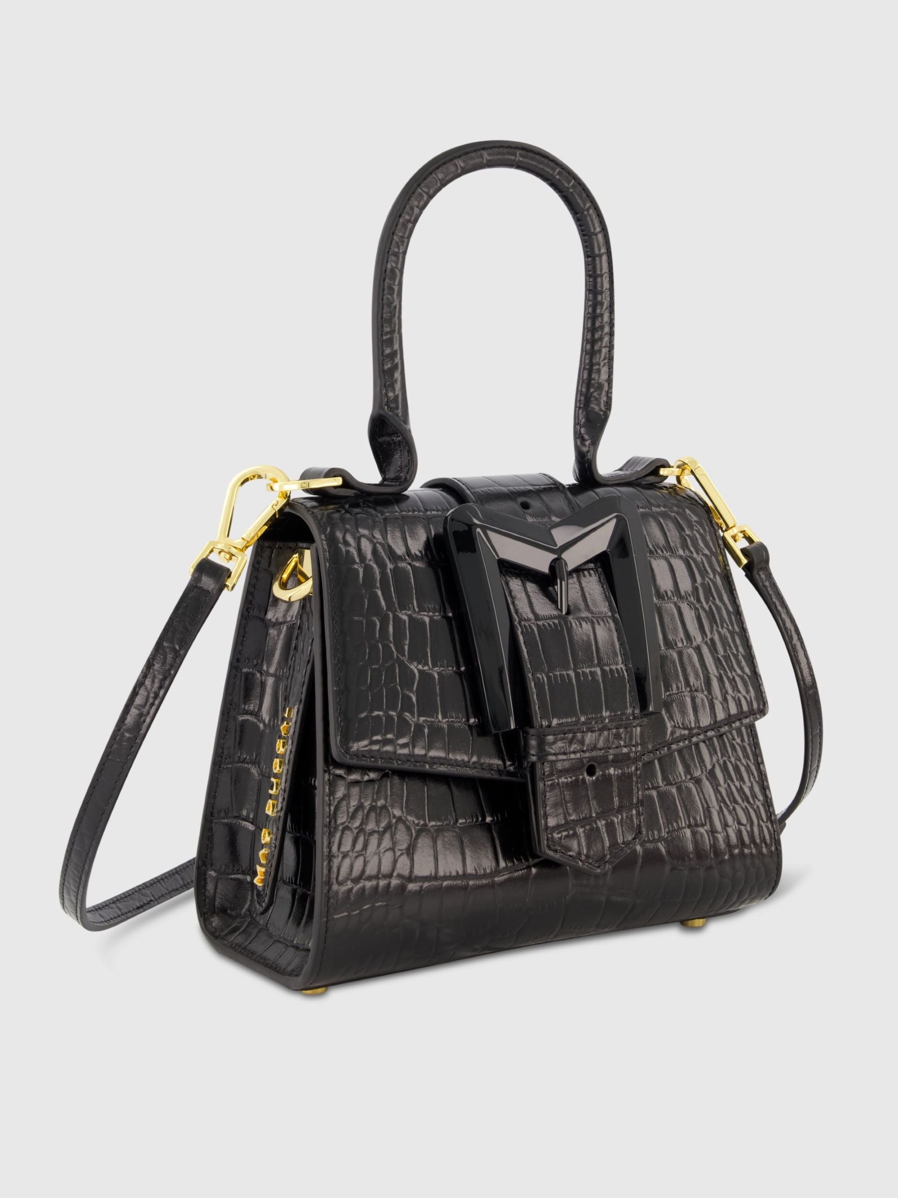 Buckled Mini Croco Black Leather Handbag with Detachable Strap