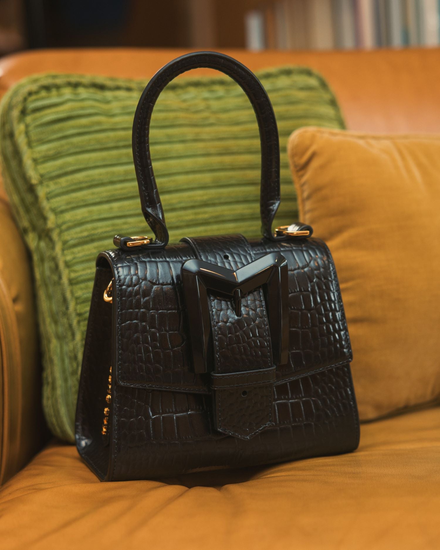 Buckled Mini Croco Black Leather Handbag with Detachable Strap