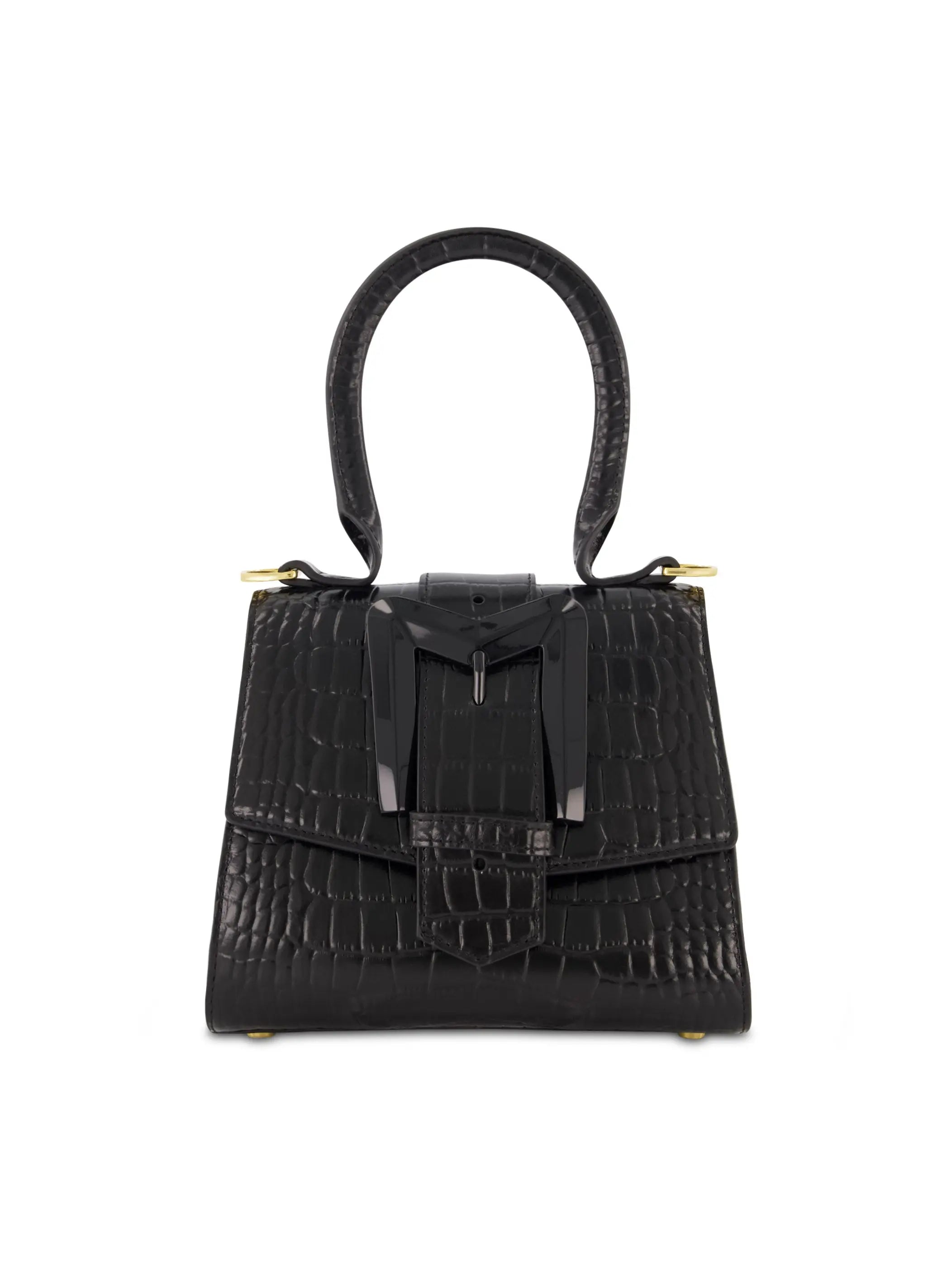 Buckled Mini Croco Black Leather Handbag with Detachable Strap - Mac Duggal