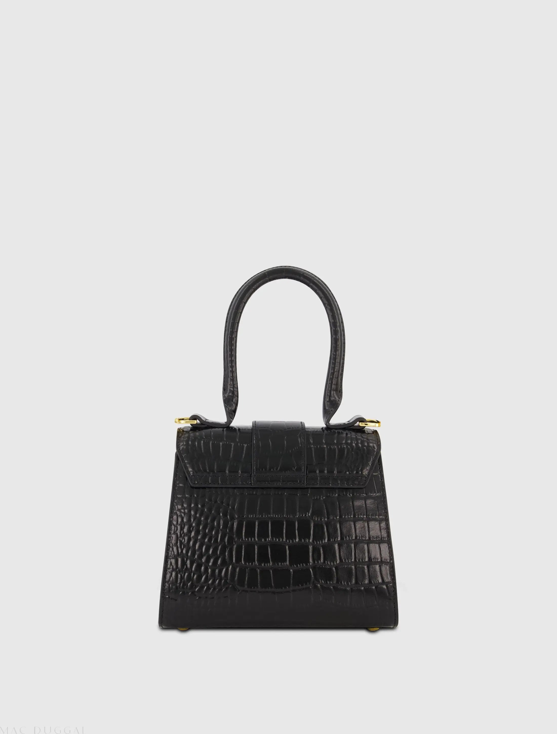 Buckled Mini Croco Black Leather Handbag with Detachable Strap - Mac Duggal