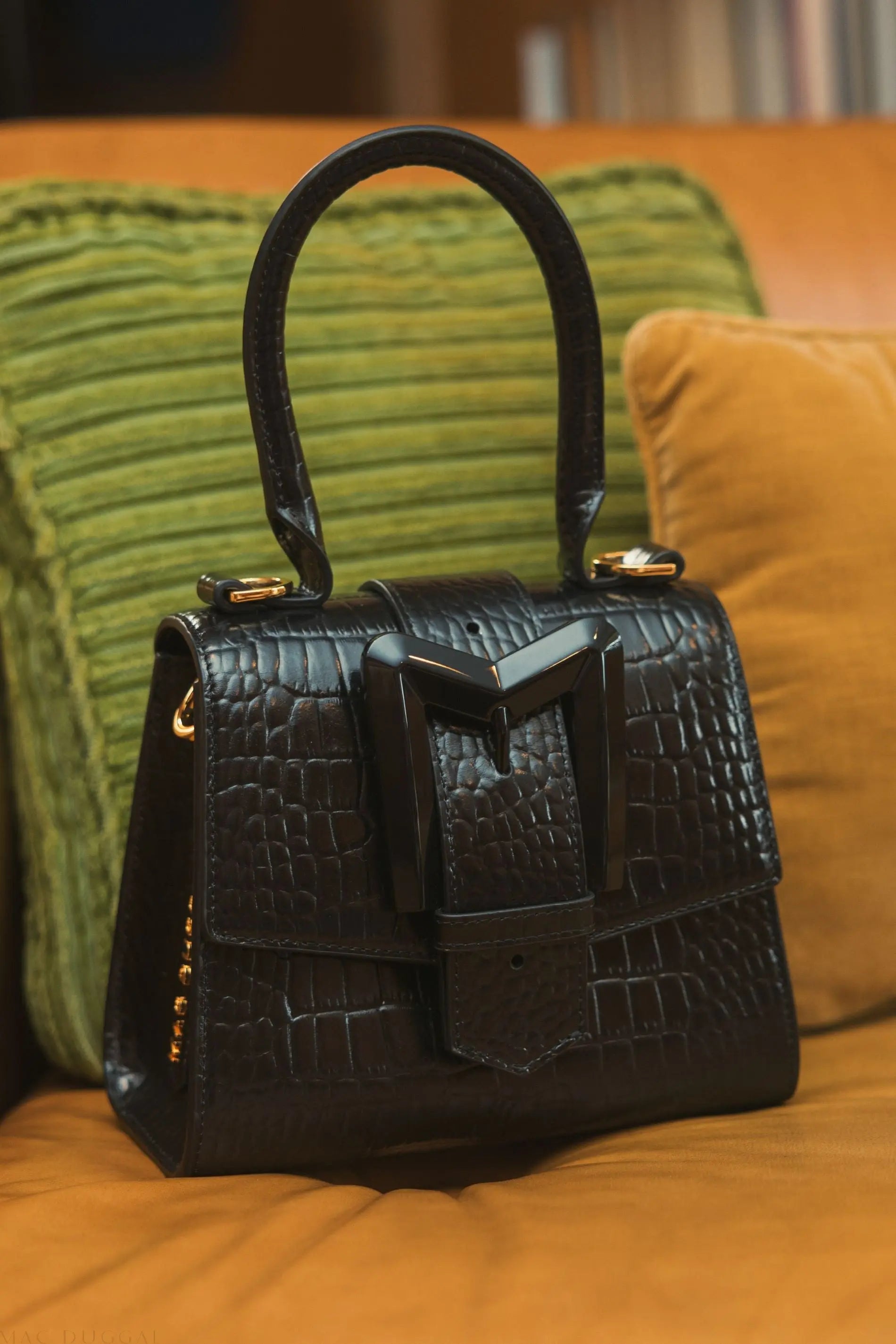 Buckled Mini Croco Black Leather Handbag with Detachable Strap - Mac Duggal
