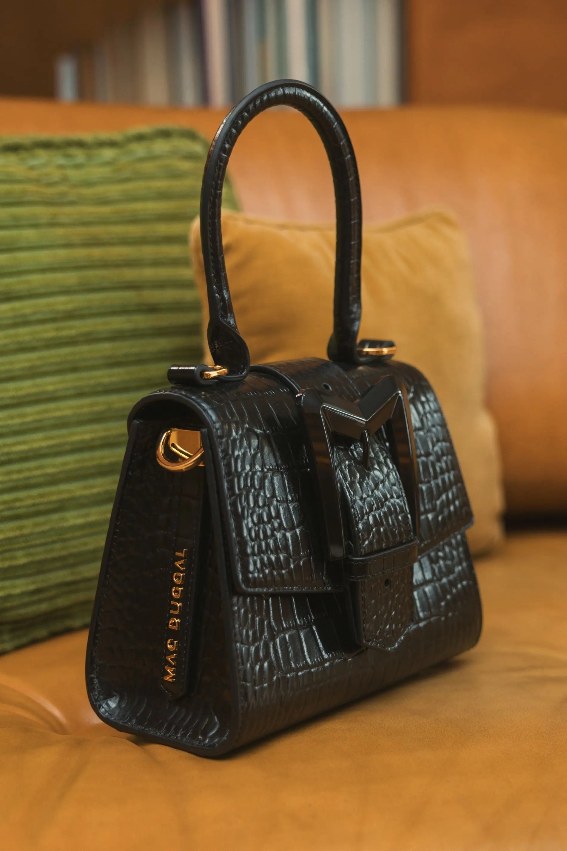 Buckled Mini Croco Black Leather Handbag with Detachable Strap - Mac Duggal