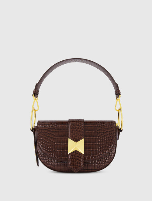 Bolso Saddle de piel de cocodrilo con herrajes dorados