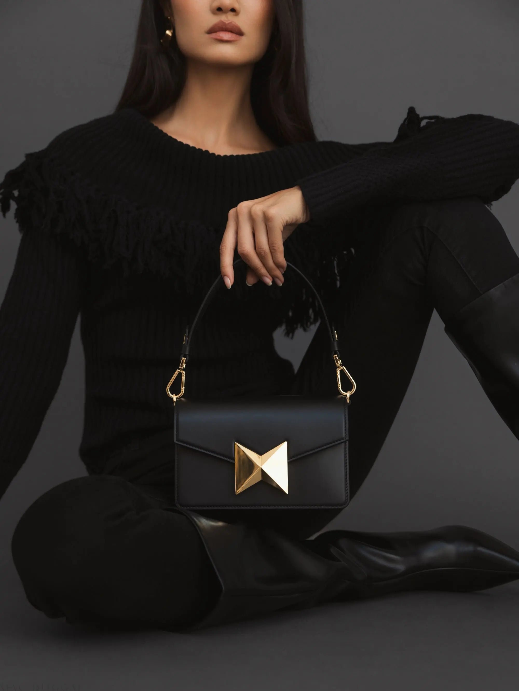 Black Mini Leather Shoulder Handbag With Gold Hardware - Mac Duggal