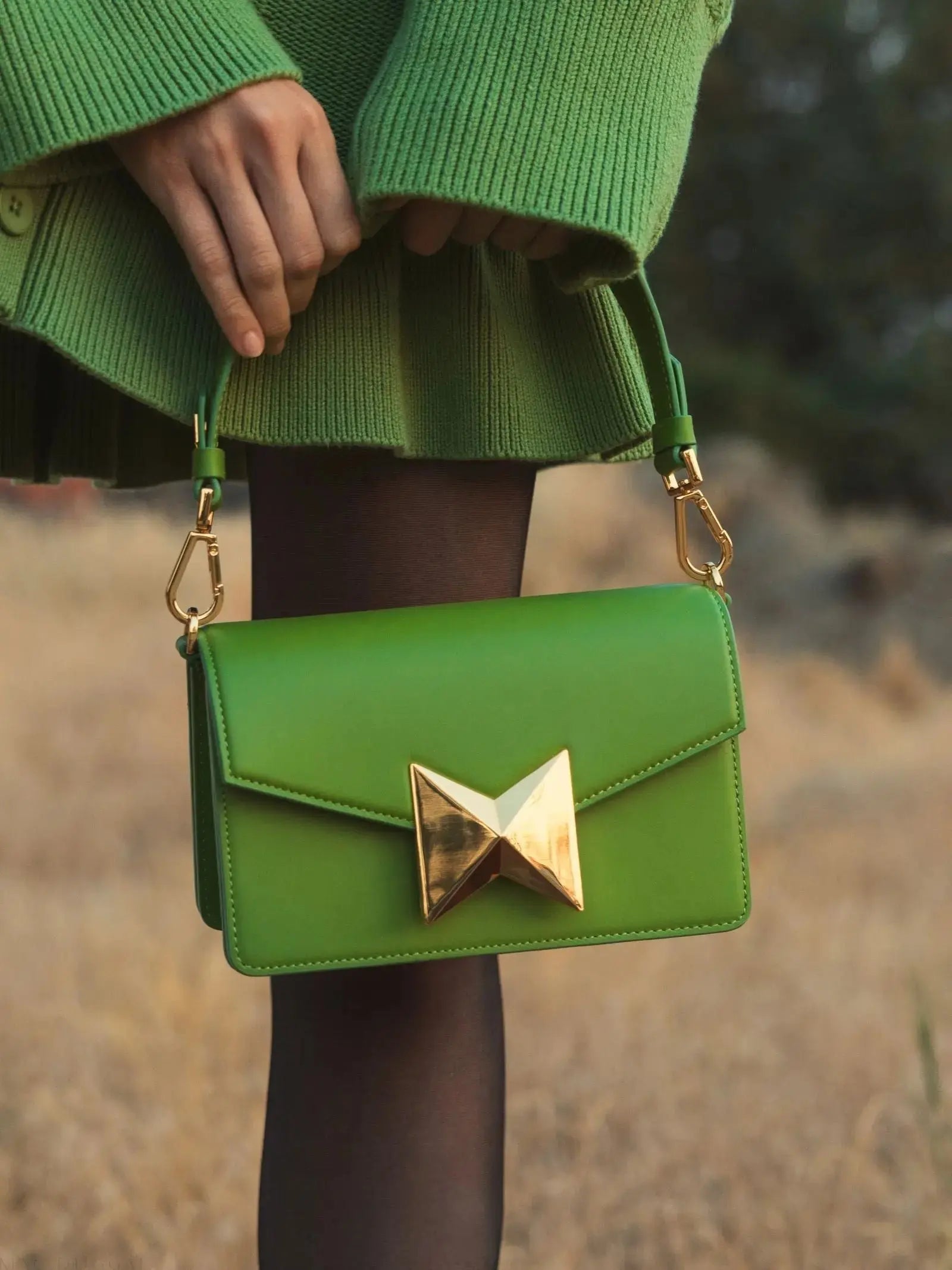 Green Mini Leather Shoulder Bag With Gold Hardware - Mac Duggal