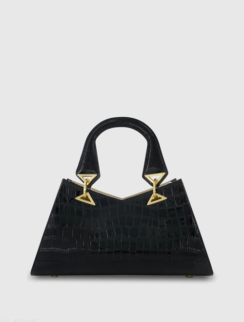 Black Crocodile Leather Handbag With Gold Hardware - Mac Duggal