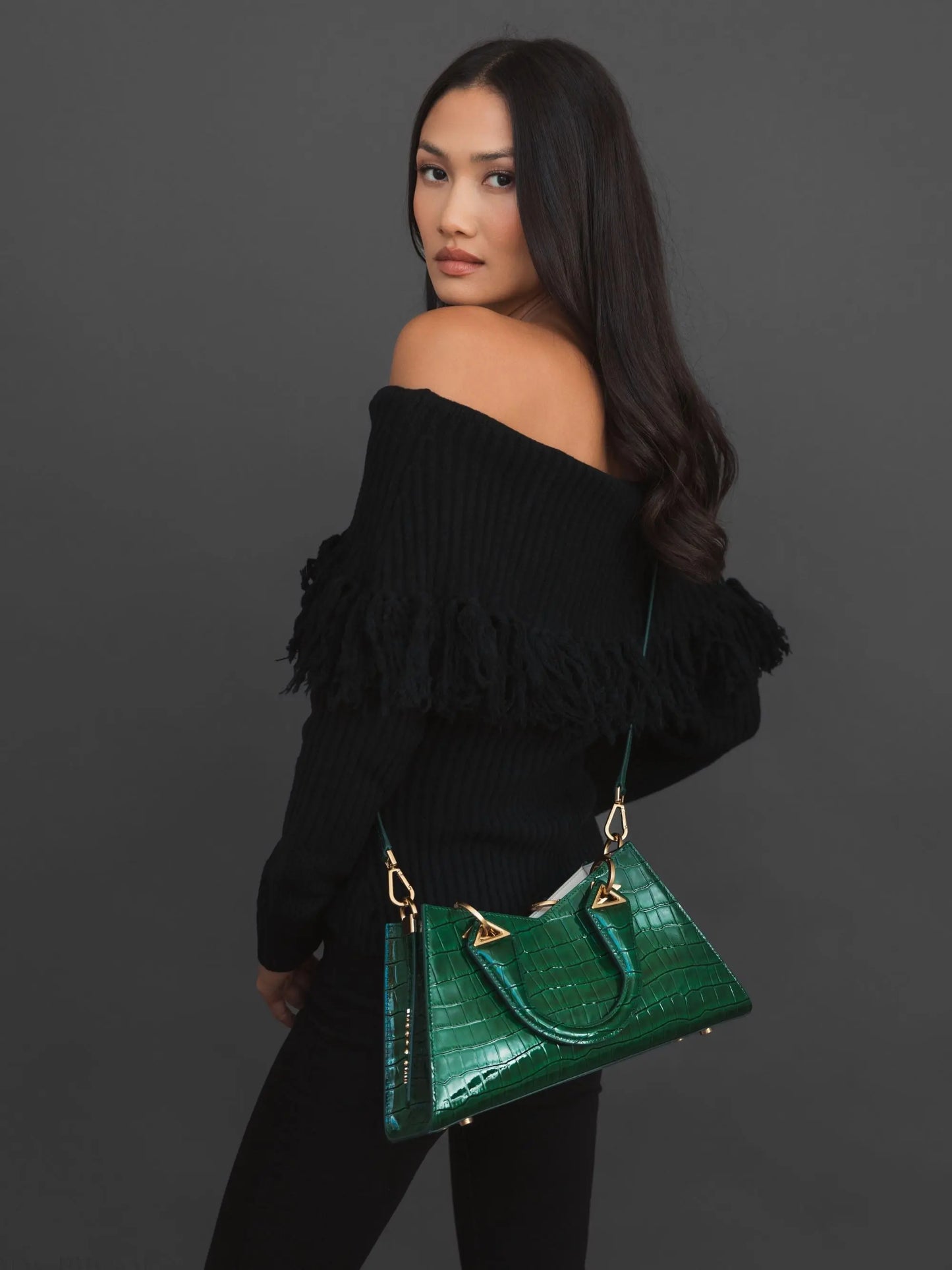 Green Crocodile Leather Handbag With Gold Hardware - Mac Duggal