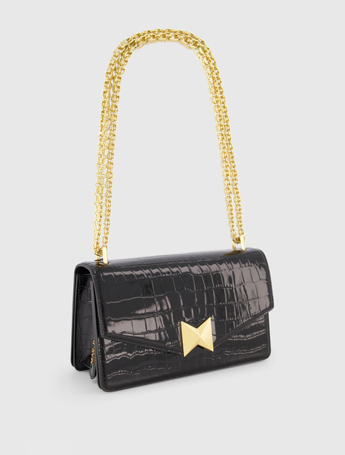 Crocodile Leather Shoulder Bag With Gold Hardware