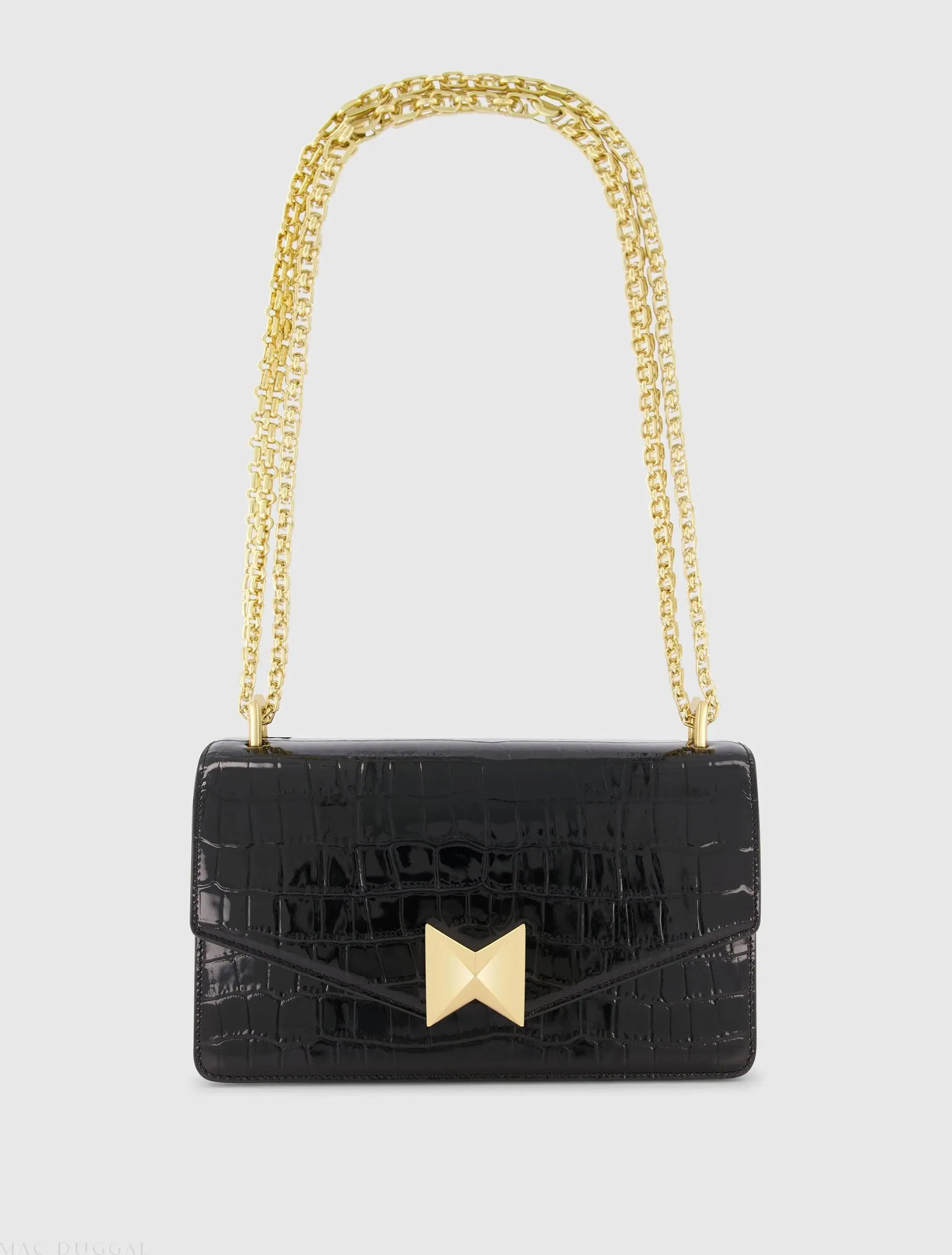 Black Crocodile Leather Shoulder Bag With Gold Hardware - Mac Duggal