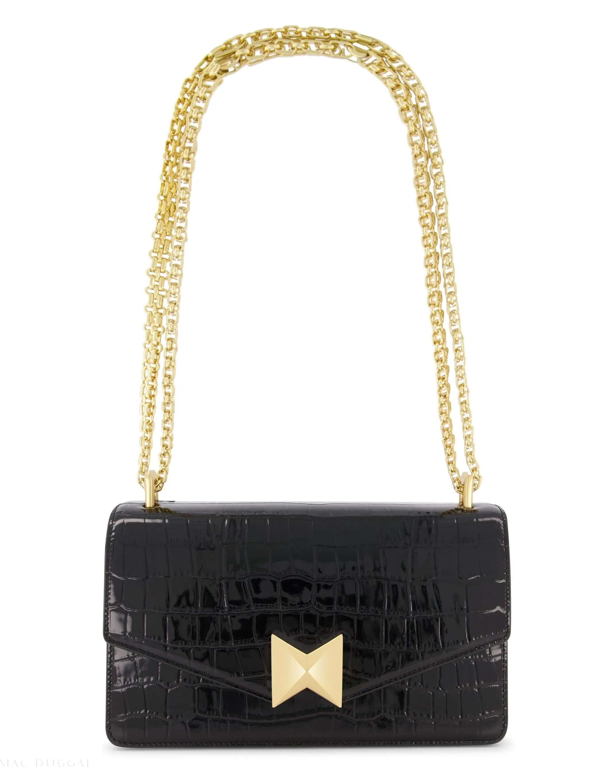 Black Crocodile Leather Shoulder Bag With Gold Hardware - Mac Duggal
