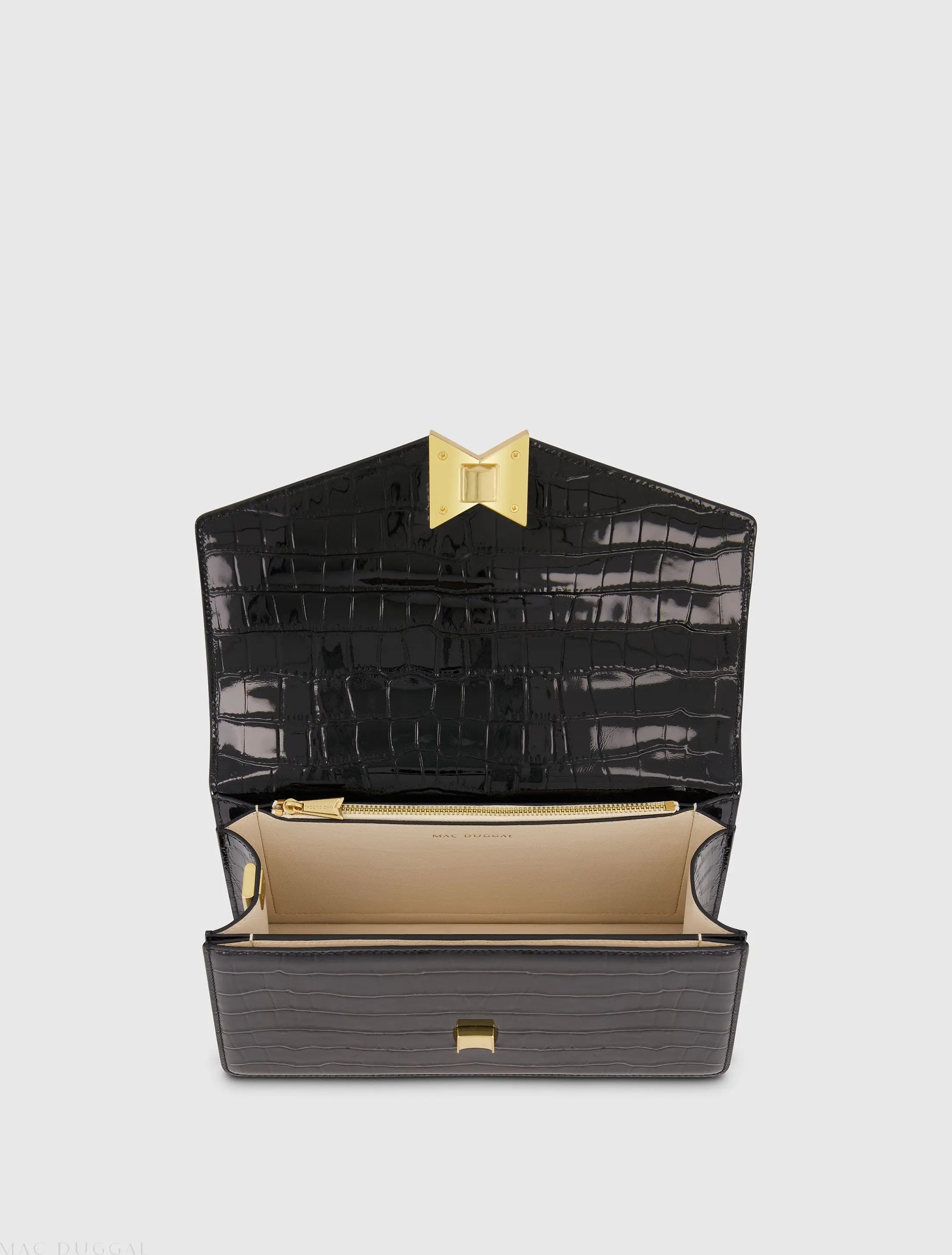 Black Crocodile Leather Shoulder Bag With Gold Hardware - Mac Duggal