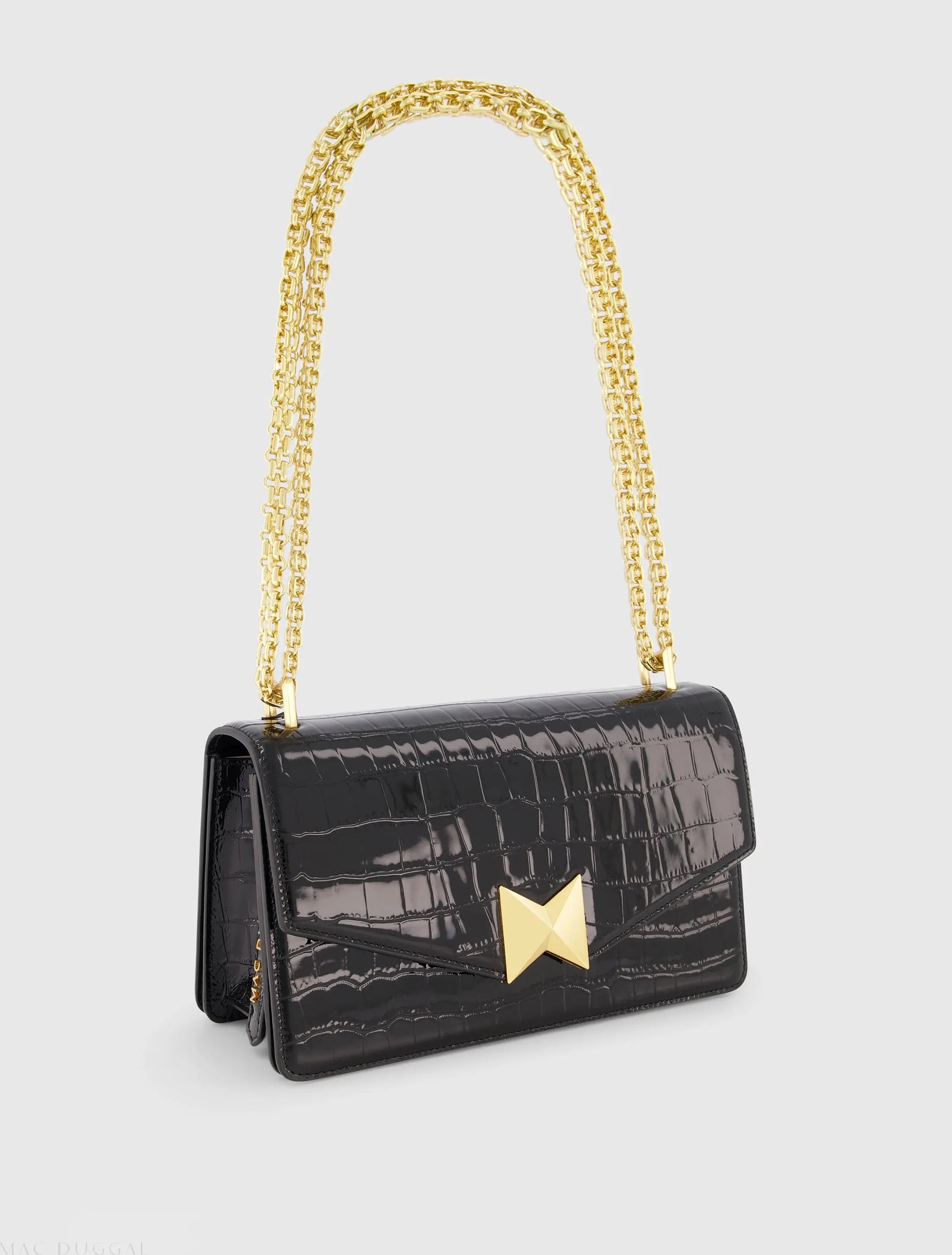 Black Crocodile Leather Shoulder Bag With Gold Hardware - Mac Duggal