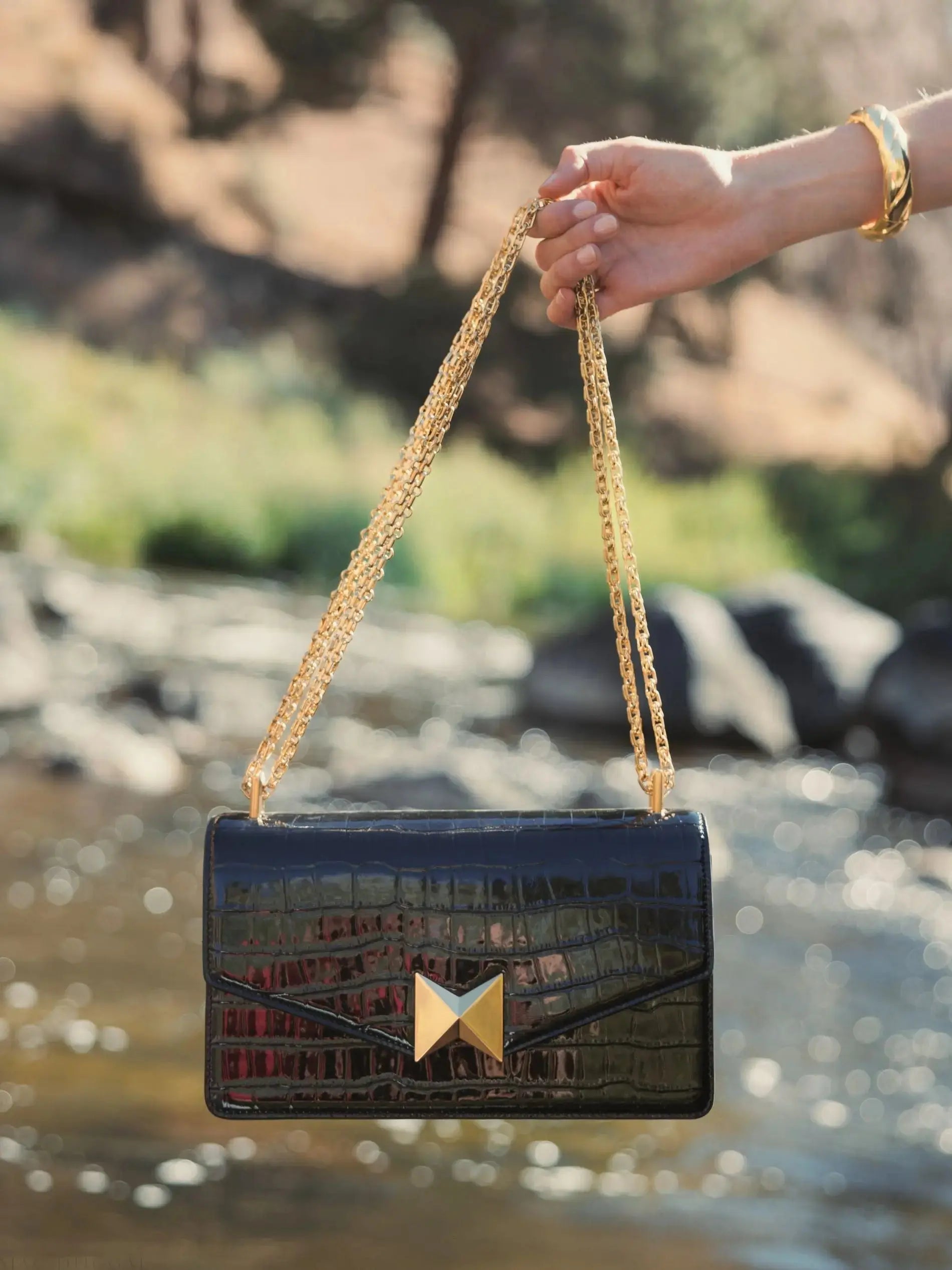 Black Crocodile Leather Shoulder Bag With Gold Hardware - Mac Duggal