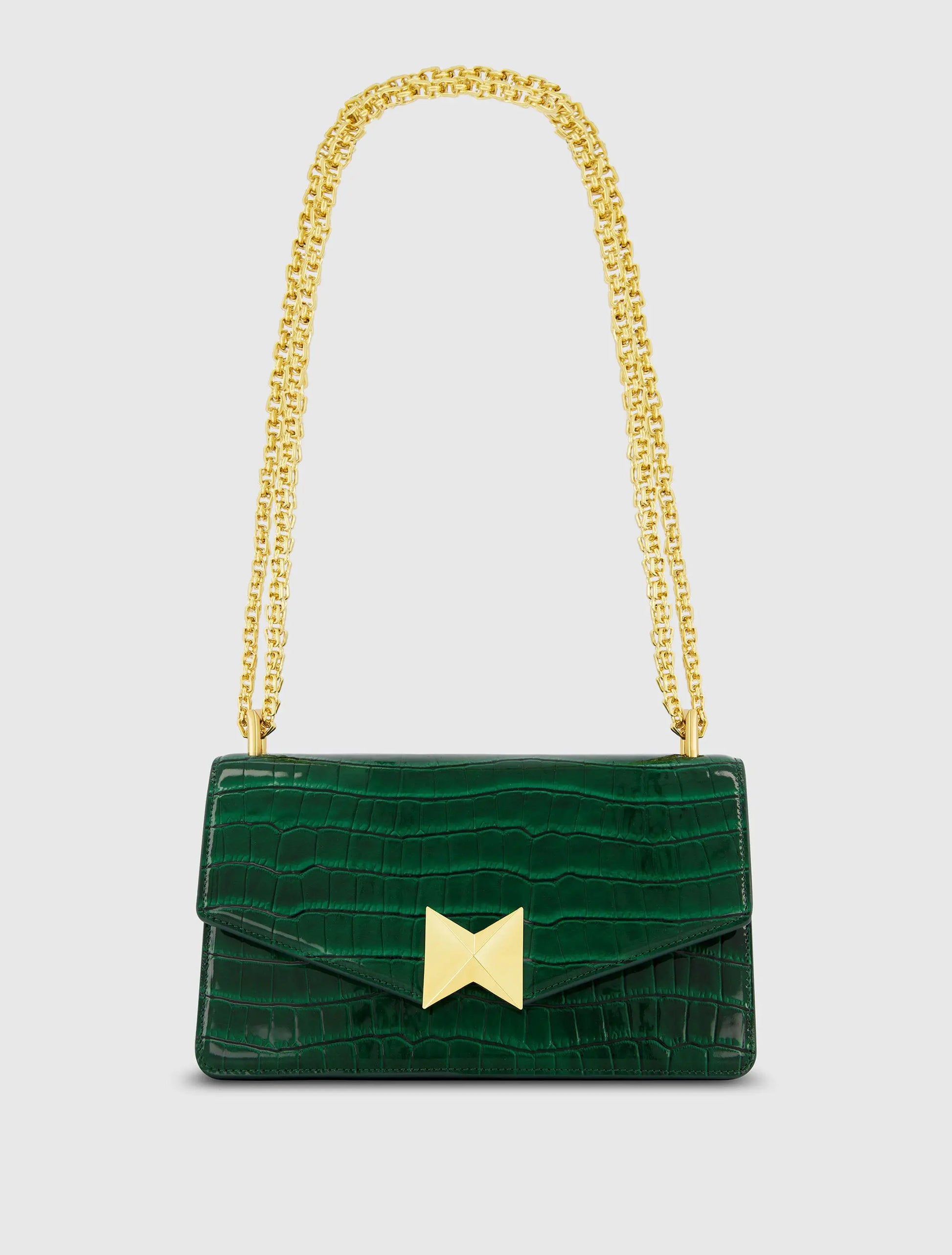 Green Crocodile Leather Shoulder Bag With Gold Hardware - Mac Duggal