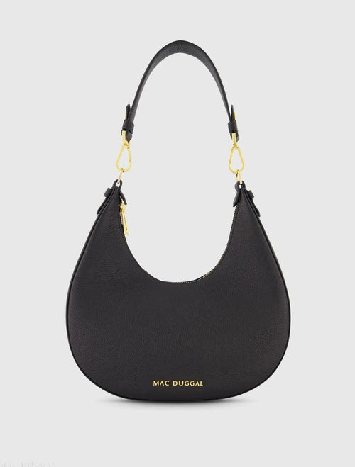 Black Grain Leather Hobo Bag With Gold Hardware - Mac Duggal