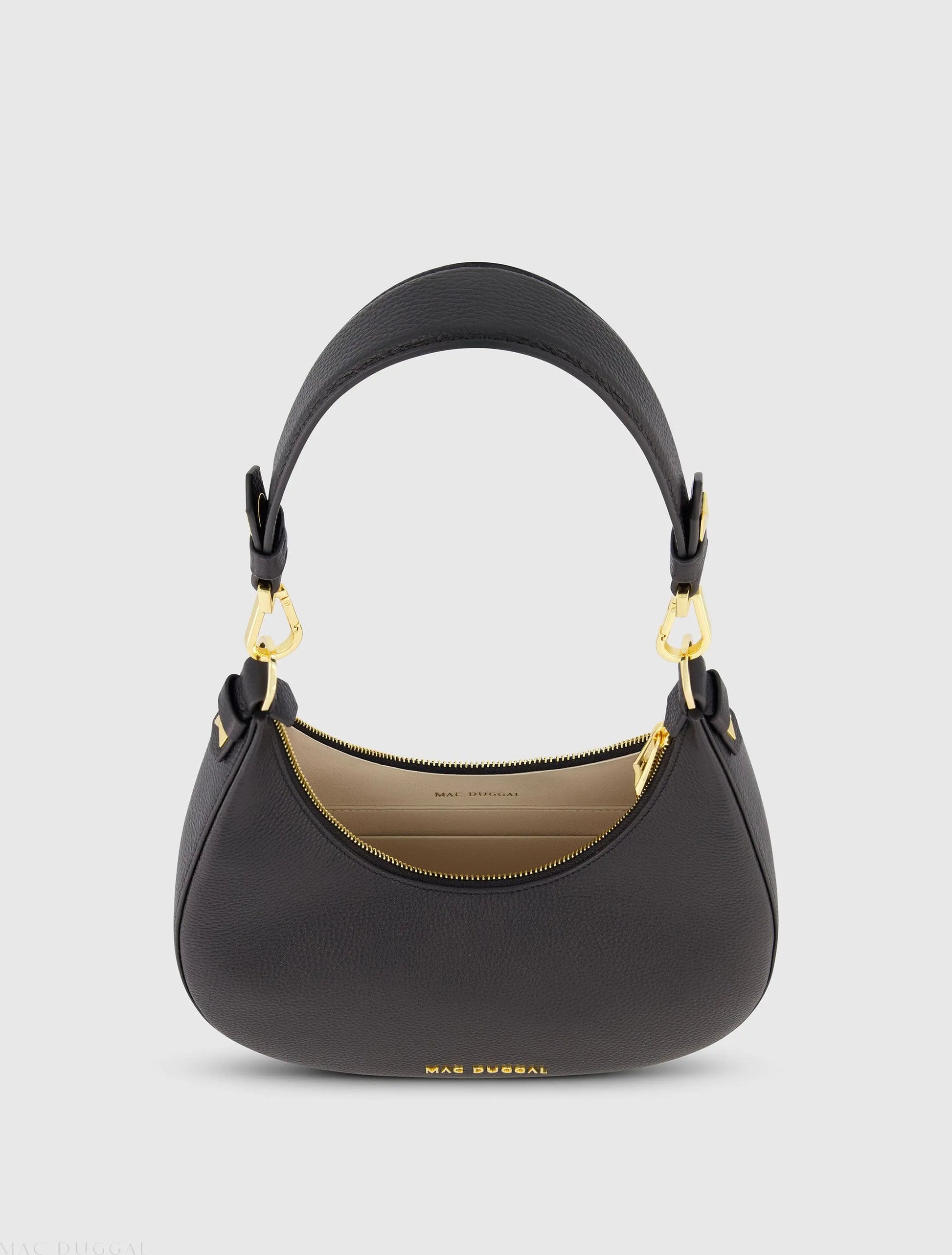 Black Grain Leather Hobo Bag With Gold Hardware - Mac Duggal