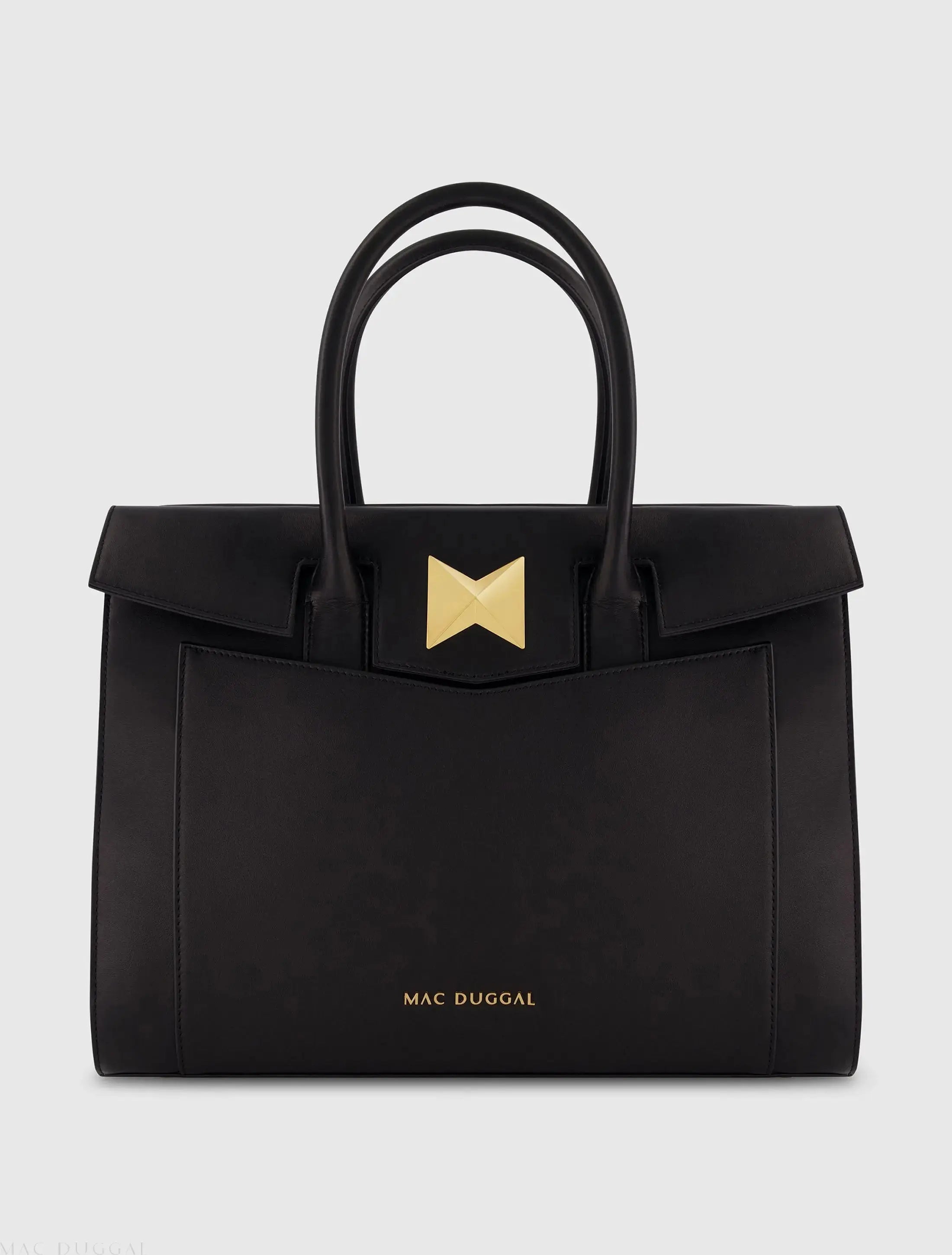 Black Large Leather Briefcase Bag With Gold Hardware - Mac Duggal